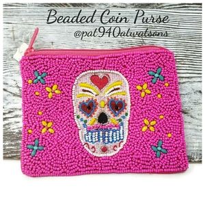 New! Sugar Skull Pink Beaded Coin Purse / Pouch